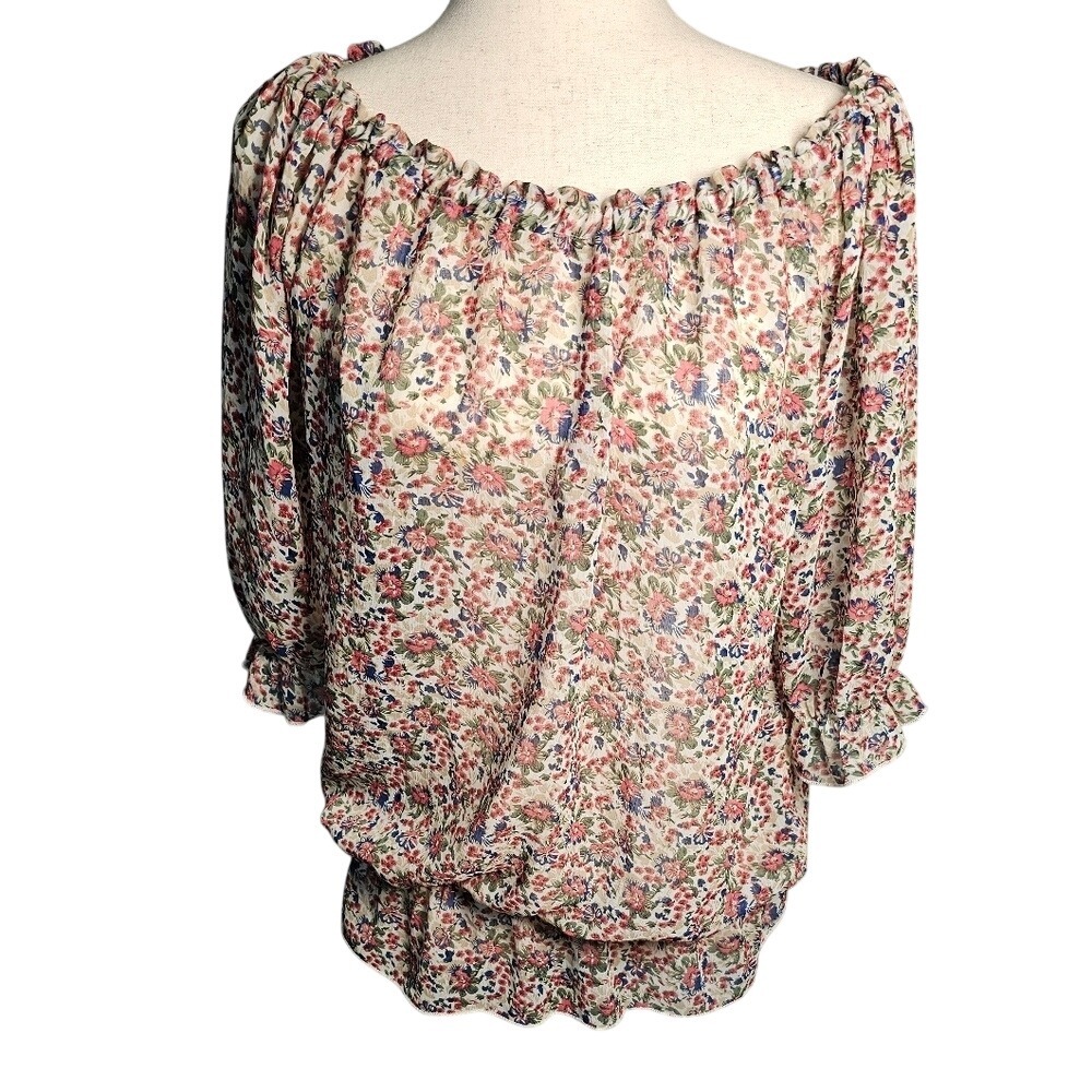 G.H. Bass and Co Floral Off-Shoulder Women's Sheer Top with peplum Size Med